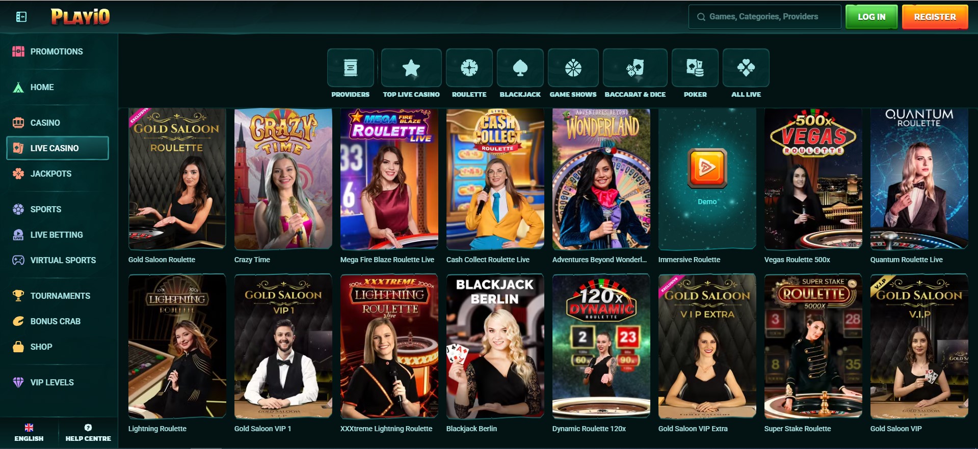 Casino-Website mit einer Vielzahl an Live-Casino-Spielen, darunter Gold Saloon Roulette, Crazy Time und Mega Fire Blaze Roulette Live. Die übersichtliche Navigation bietet Kategorien wie Casino, Live Casino, Jackpots und Sportwetten. Perfekt für Spieler, die Casinos ohne deutsche Lizenz suchen.