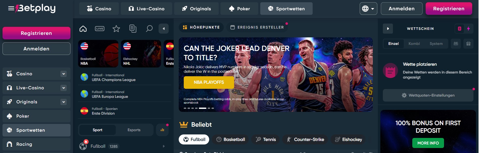 Die Webseite von BC.Game präsentiert eine Vielzahl von Glücksspieloptionen wie Casino, Sportwetten, Lotterie und Krypto-Handel. Oben sind drei Fußballspieler in blauen Trikots abgebildet. Ein großes Banner wirbt mit einem Bonus von bis zu 20.000,00 $ für neue Mitglieder. Links befindet sich eine Navigationsleiste mit verschiedenen Kategorien und Optionen. Unten werden Spielkategorien wie Kasino, Sport, Lotterie, Rennen, Hoch Runter und Bingo angezeigt.