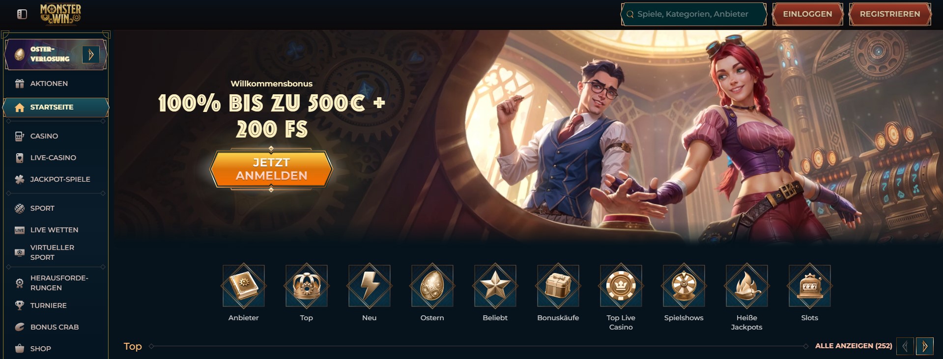 Die Webseite von Monster Wins präsentiert einen attraktiven Willkommensbonus von 100% bis zu 500€ und 200 Freispielen. Zwei Figuren in Steampunk-Kleidung stehen im Hintergrund und schaffen eine fesselnde Atmosphäre. Links befindet sich ein übersichtliches Menü mit Spielkategorien wie Casino, Live-Casino, Jackpot-Spiele, Sport, Live-Wetten, Virtueller Sport, Herausforderungen, Turniere und Bonus Crab. Am unteren Rand sind verschiedene Symbole für Anbieter, Neuheiten, Ostern, beliebte Spiele, Bonuskäufe, Top Live Casino, Spielshows, heiße Jackpots und Slots zu sehen.