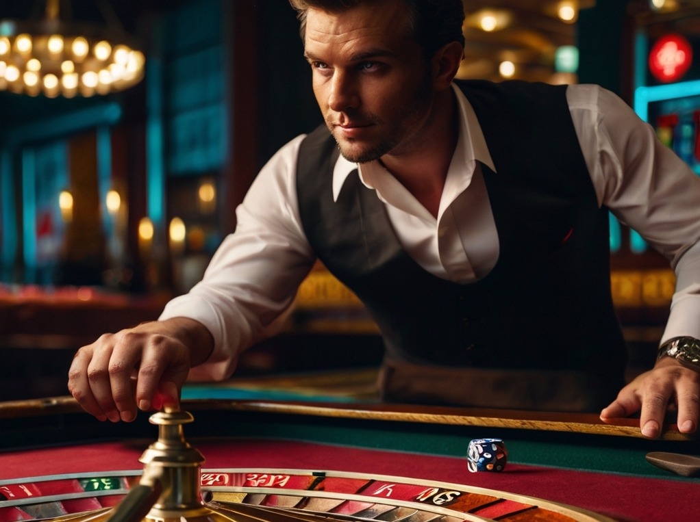 Ein eleganter Croupier in einem neuen Online-Casino namens Oasis dreht konzentriert das Roulette-Rad. Die stilvolle Casino-Atmosphäre wird durch warme Lichter und luxuriöse Dekorationen untermalt, was die Spannung des Spiels in neuen Online-Casinos Oasis perfekt einfängt.