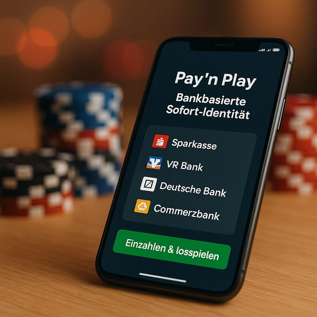 Smartphone-Bildschirm zeigt Pay'n Play Bankbasierte Sofort-Identität mit Logos von Sparkasse, VR Bank, Deutsche Bank und Commerzbank; grüner Button "Einzahlen & losspielen"; Pokerchips im Hintergrund vermitteln Online-Casino-Kontext.