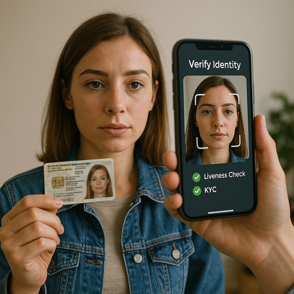 Person hält Ausweis vor Smartphone; Gesicht wird per Gesichtserkennung geprüft; auf dem Display stehen „Verify Identity“, zwei grüne Häkchen bei Liveness Check und KYC; moderner Identitätsprüfungsprozess.
